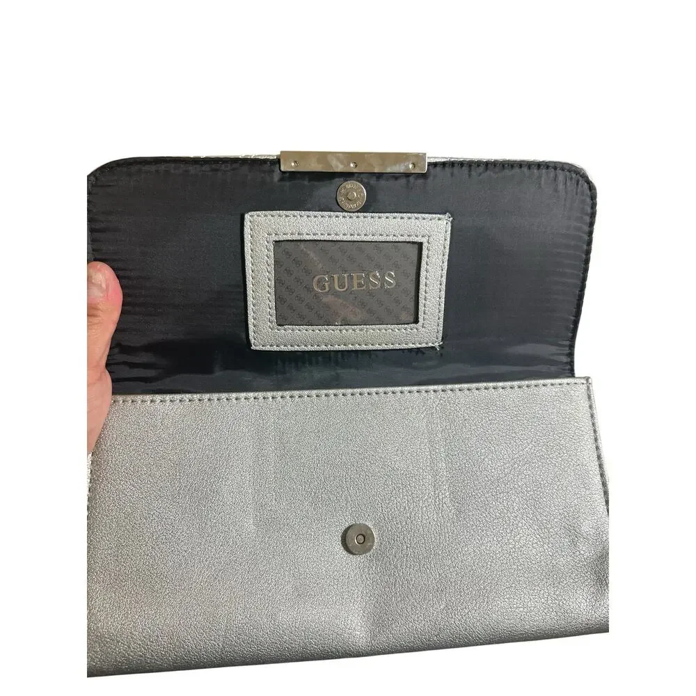 Guess Cleopatra Chevron Quilted Metallic Silver Evening Clutch Wallet Bag